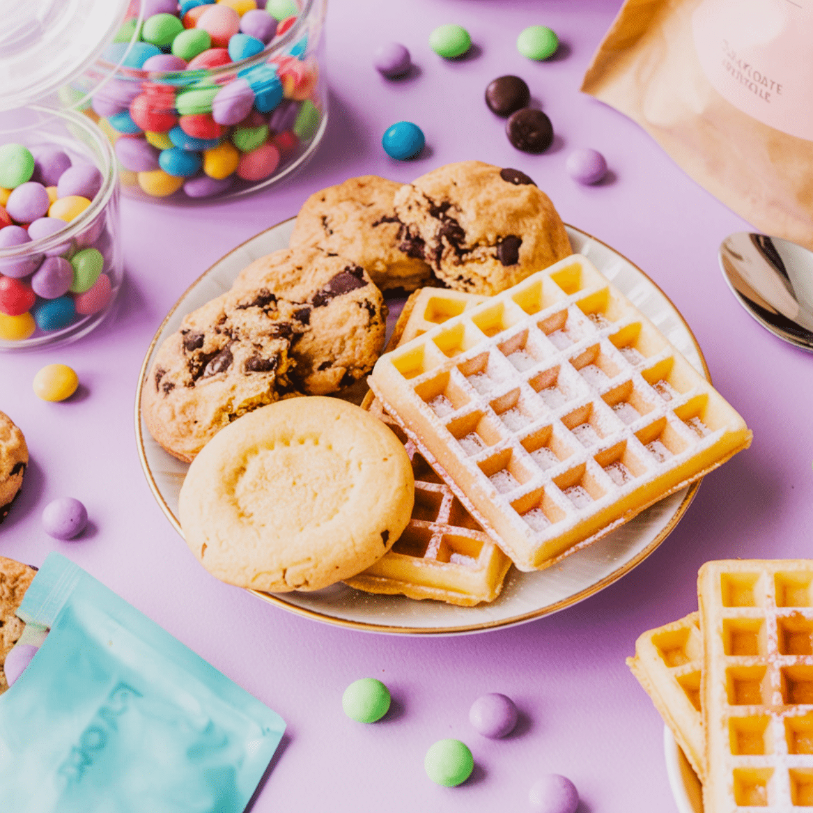 Una imagen de platos llenos de dulces, caramelos, galletas, gofres y galletas con chispas de chocolate.