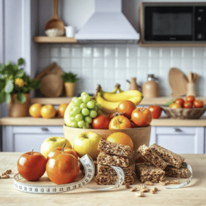 Una foto de una variedad de productos dietéticos, incluida una caja de avena, una bolsa de almendras, un frasco de mantequilla de maní y un cartón de huevos. Hay una cinta métrica al lado de los productos.